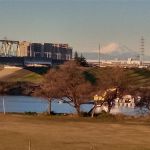雪の富士と江戸川と鉄橋