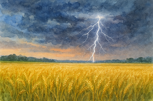 稲穂が一面の田んぼに稲妻がみえるイメージ